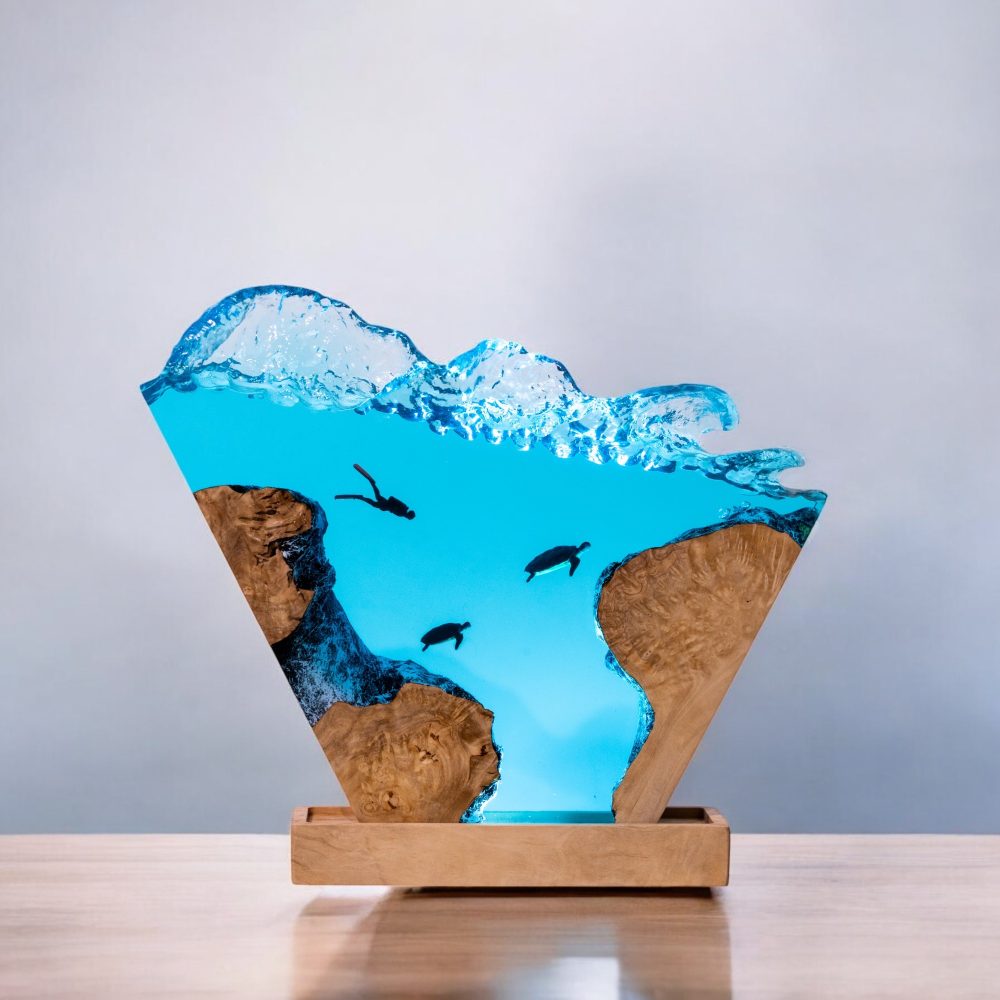 Handmade Epoxy Ocean Wave Resin Lamp – Diver & Sea Turtles Scene - Image 2