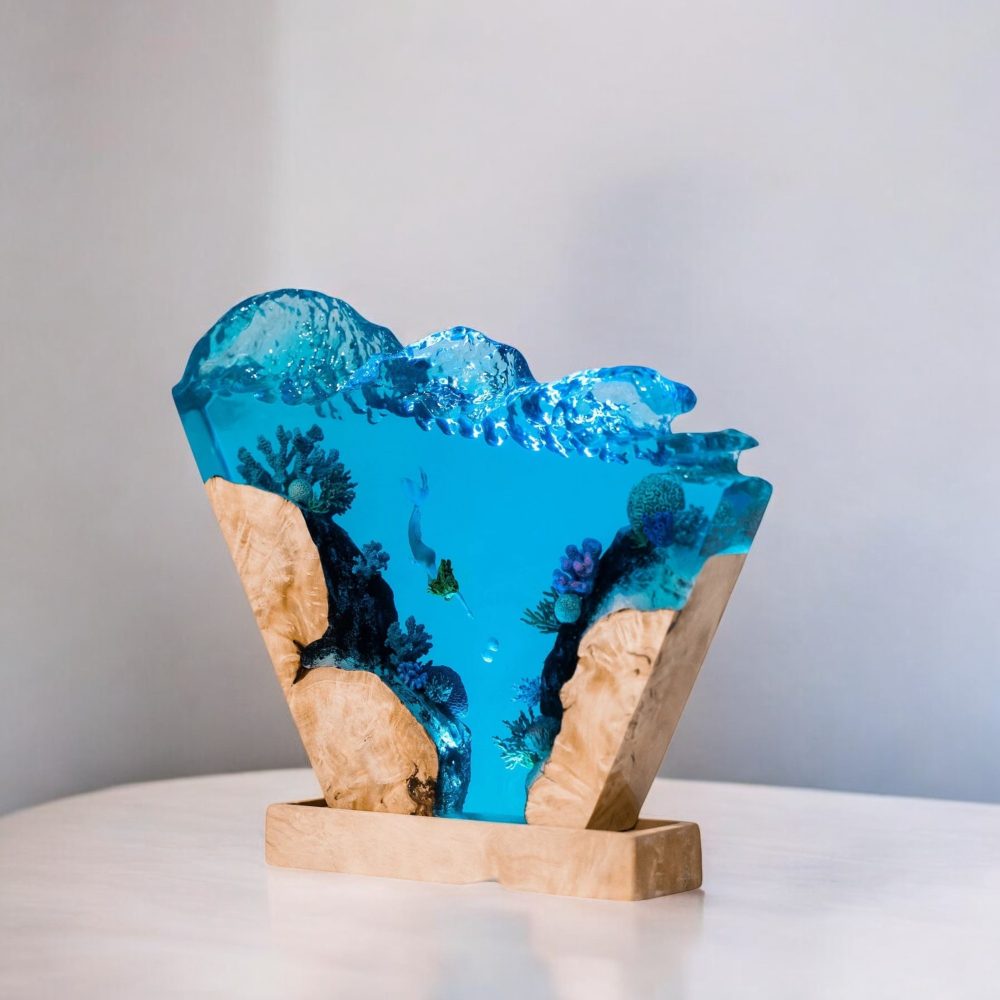 Ocean Serenity Epoxy Wave LED Lamp – Handcrafted Resin & Wood Art - Image 2