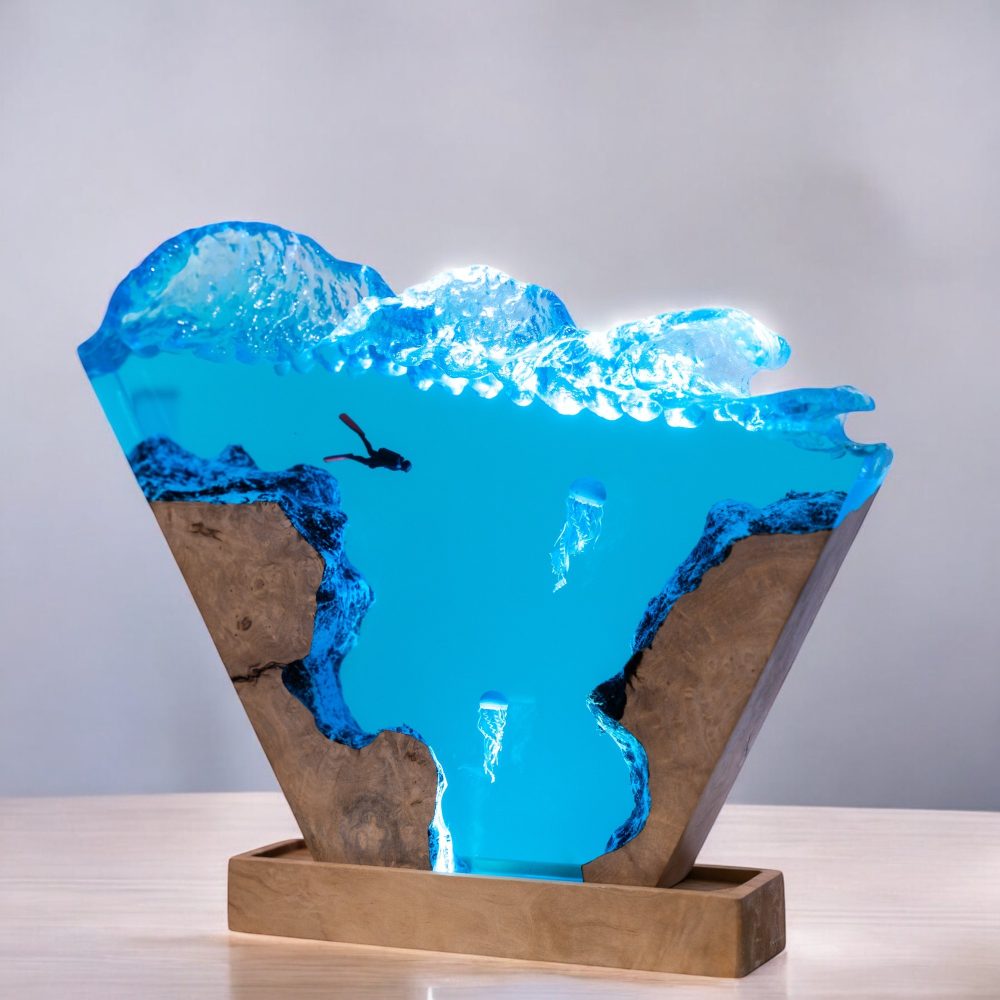 Handcrafted Ocean Depths Epoxy Wave LED Lamp – Luxury Resin & Wood Art