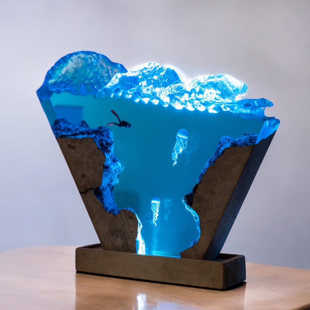 Handcrafted Ocean Depths Epoxy Wave LED Lamp – Luxury Resin & Wood Art - Image 2