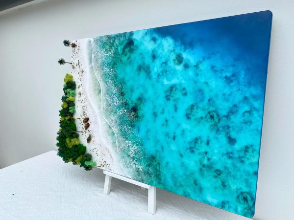 Custom 3D Handcrafted Epoxy Resin Ocean Art – Tropical Beach with Lush Greenery