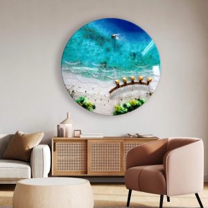 Round Ocean Resin Wall Art – 3D Beach Epoxy Painting – Coastal Décor – Handmade Seascape – Nautical Wall Hanging – Ocean Lover Gift