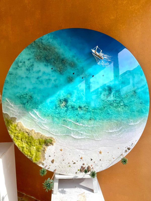 Round Ocean Resin Wall Art – 3D Beach Epoxy Painting – Coastal Décor – Handmade Seascape – Nautical Wall Hanging – Ocean Lover Gift
