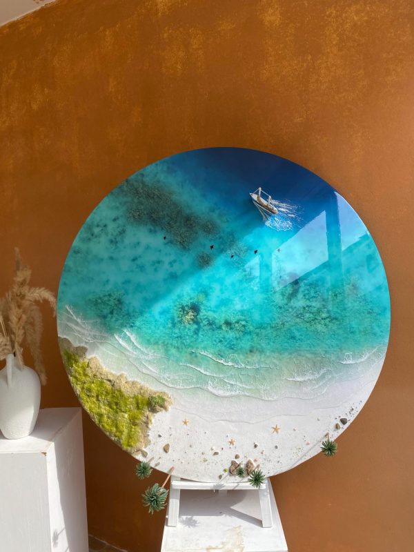 Round Ocean Resin Wall Art – 3D Beach Epoxy Painting – Coastal Décor – Handmade Seascape – Nautical Wall Hanging – Ocean Lover Gift