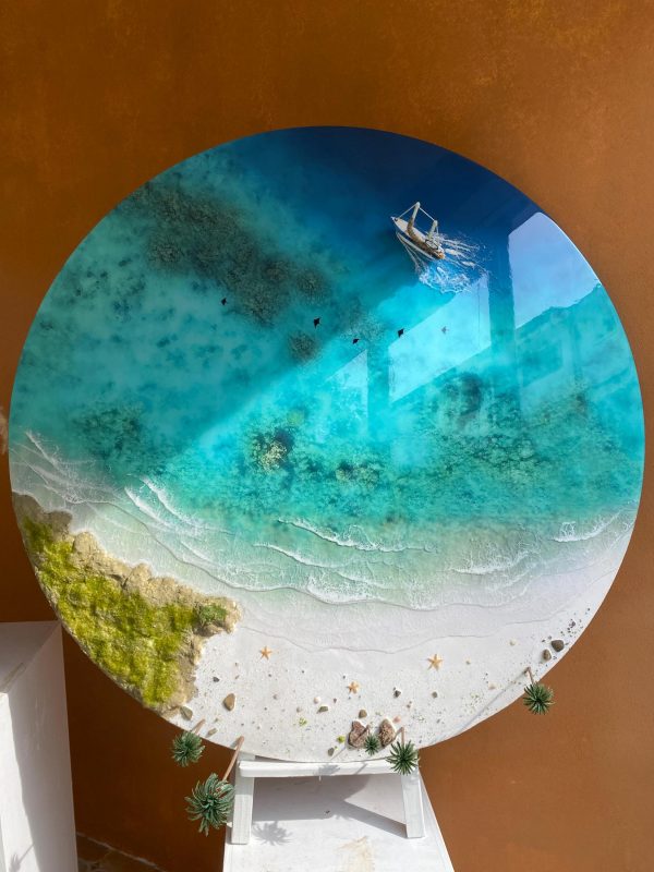 Round Ocean Resin Wall Art – 3D Beach Epoxy Painting – Coastal Décor – Handmade Seascape – Nautical Wall Hanging – Ocean Lover Gift