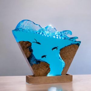 Custom Handmade Ocean Wave Resin Lamp – Diver & Sea Turtle Epoxy Art with Wood Base