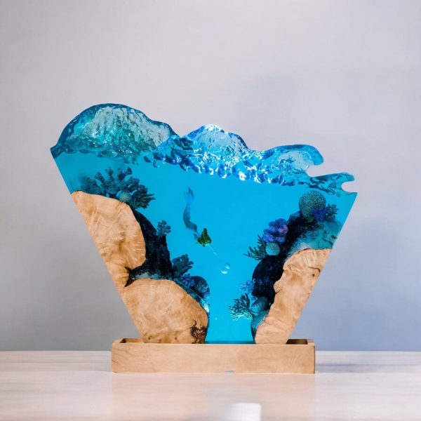 Custom Handmade Ocean Wave Resin Lamp – Personalize Mermaid Epoxy Art with Wood Base Night Lamp | Gift for Mom