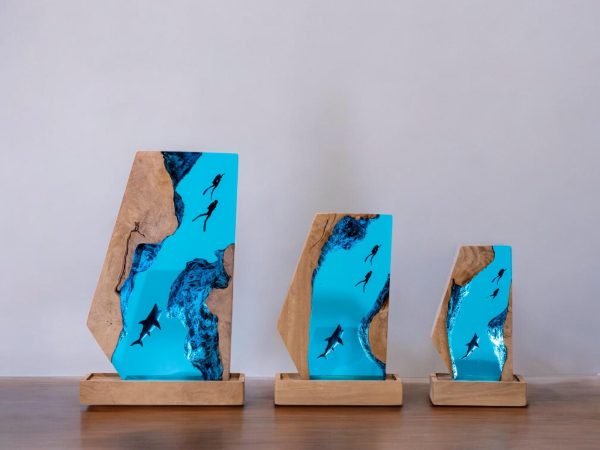 Custom Handmade Ocean Wave Resin Lamp | Diver & Shark Epoxy Art with Wood Base Night Lamp | Gift for Mom | Room decor