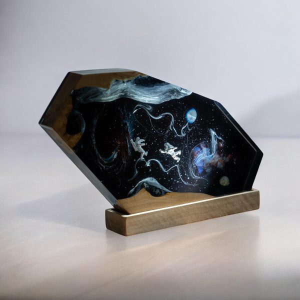 Custom Handmade Galaxy Resin Lamp – Astronaut & Space Epoxy Art with Wood Base | Gift for Mom | Room decor