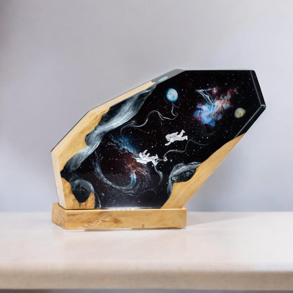 Custom Handmade Galaxy Resin Lamp – Astronaut & Space Epoxy Art with Wood Base | Gift for Mom | Room decor