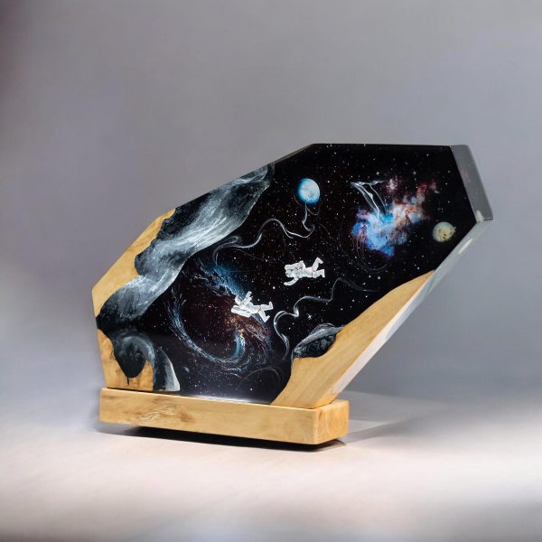 Custom Handmade Galaxy Resin Lamp – Astronaut & Space Epoxy Art with Wood Base | Gift for Mom | Room decor