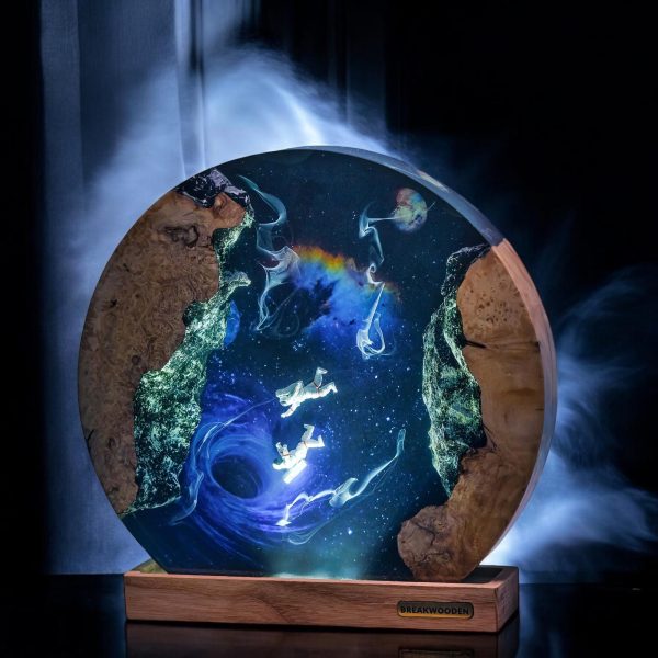 Custom Handmade Round Galaxy Resin Lamp | Astronaut & Space Epoxy Art with Wood Base | Gift for Mom | Room decor | Gift for Dad
