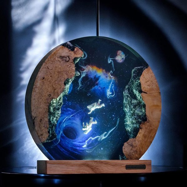 Custom Handmade Round Galaxy Resin Lamp | Astronaut & Space Epoxy Art with Wood Base | Gift for Mom | Room decor | Gift for Dad