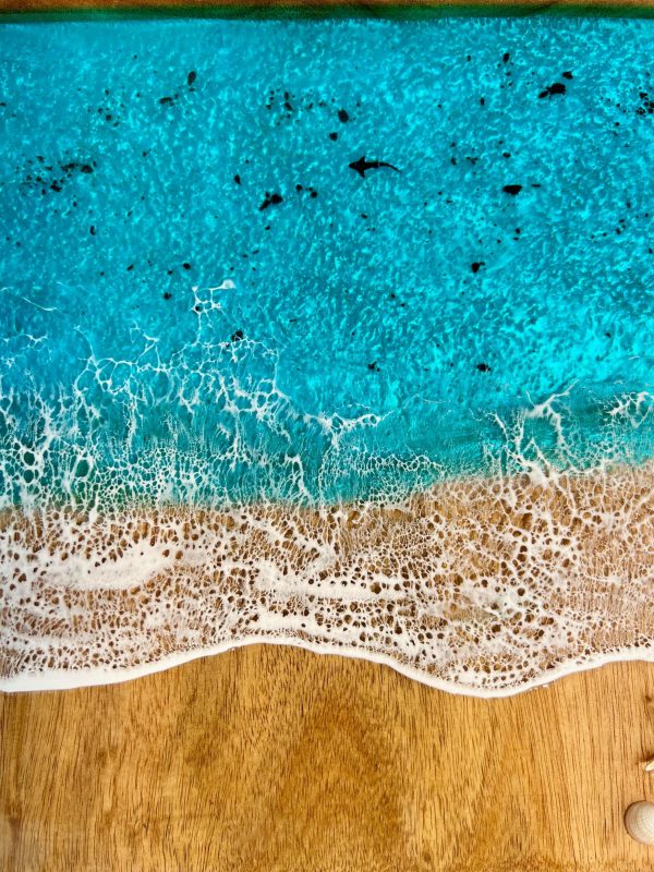 Serving Tray Bathroom Tray Handmade Epoxy Beach Wave Wooden Ocean Home Decor with Starfish & Shells (Gift Box Included)