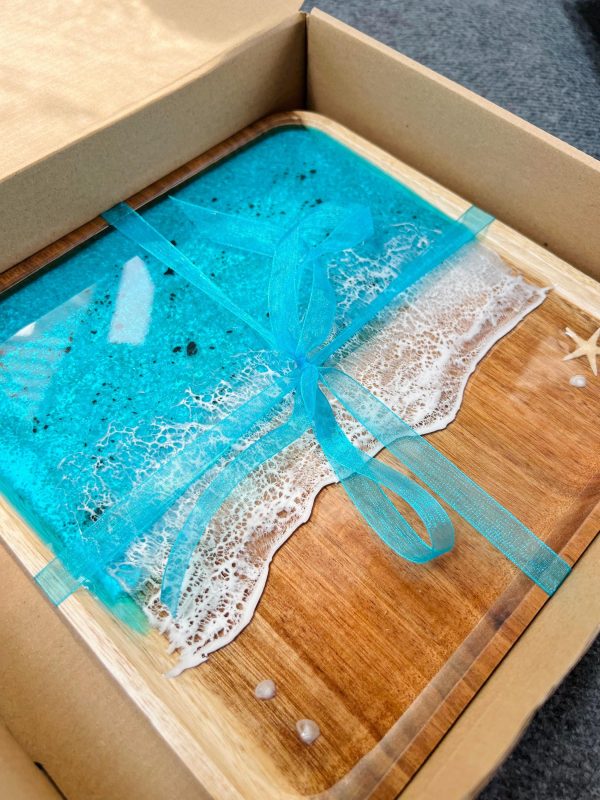 Serving Tray Bathroom Tray Handmade Epoxy Beach Wave Wooden Ocean Home Decor with Starfish & Shells (Gift Box Included)