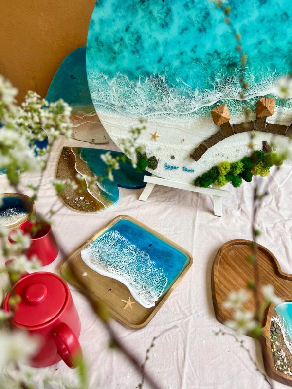 Ocean Resin Square Serving Tray | Handmade Beach Wave Wooden Décor with Starfish & Shells | Gift for Mom | Gift for Ocean Lovers