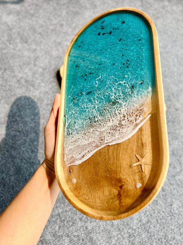 Ocean Waves Resin Tray - Coastal Home Decor | Wooden Ocean Decor | Coffee Table Decor, Sea Inspired Gifts, Acacia Wood Nautical trinket tray