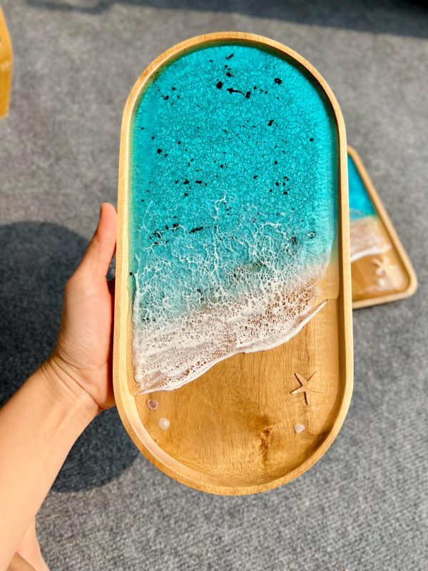 Epoxy Serving Tray 6.3x12.6 Inch Beach Resin Art Decorative Serving Tray for Coffee Table Coastal Resort Style Home Decor Gift | Custom Name