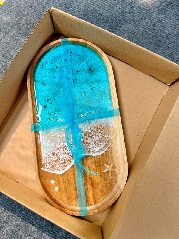 Ocean Waves Resin Tray - Coastal Home Decor | Wooden Ocean Decor | Coffee Table Decor, Sea Inspired Gifts, Acacia Wood Nautical trinket tray