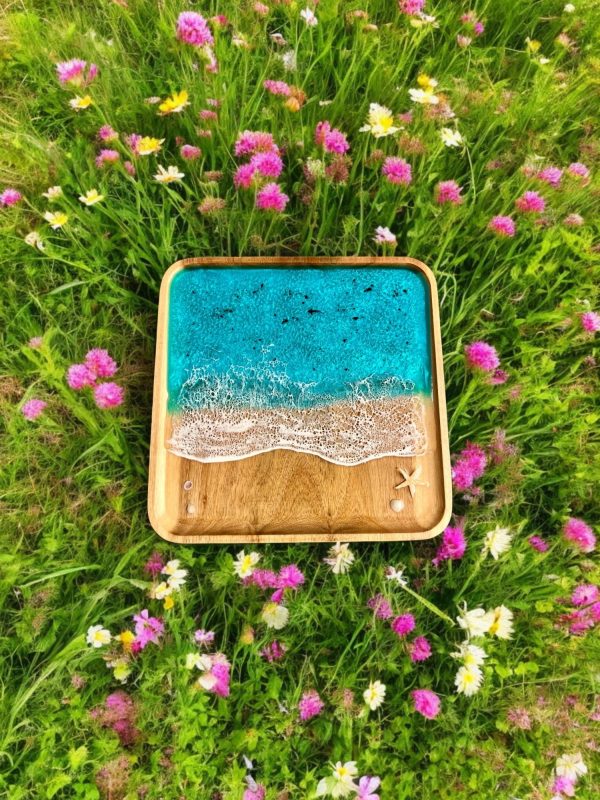 Serving Tray Bathroom Tray Handmade Epoxy Beach Wave Wooden Ocean Home Decor with Starfish & Shells (Gift Box Included)