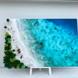 Custom 3D Handcrafted Epoxy Resin Ocean Art – Tropical Beach with Lush Greenery