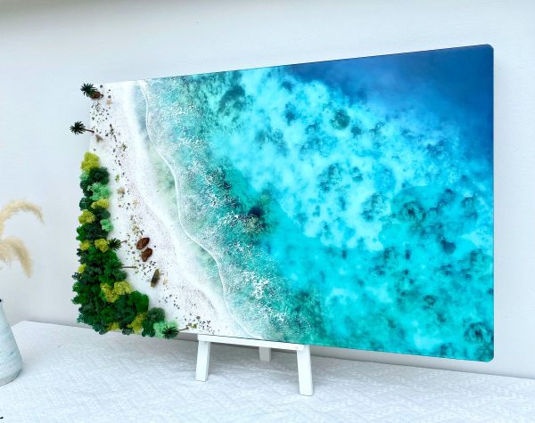 Custom 3D Handcrafted Epoxy Resin Ocean Art – Tropical Beach with Lush Greenery