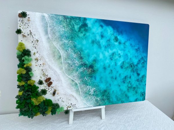 Custom 3D Handcrafted Epoxy Resin Ocean Art – Tropical Beach with Lush Greenery