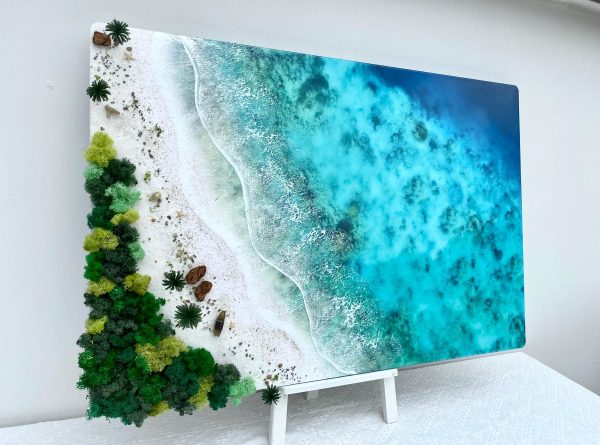 Custom 3D Handcrafted Epoxy Resin Ocean Art – Tropical Beach with Lush Greenery