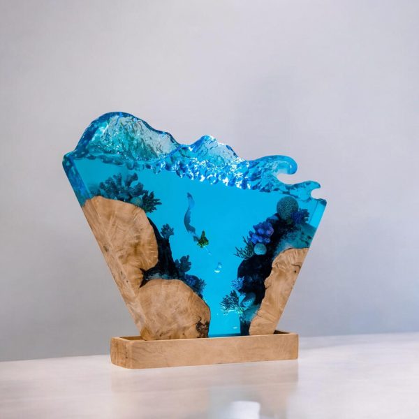 Custom Handmade Ocean Wave Resin Lamp – Personalize Mermaid Epoxy Art with Wood Base Night Lamp | Gift for Mom