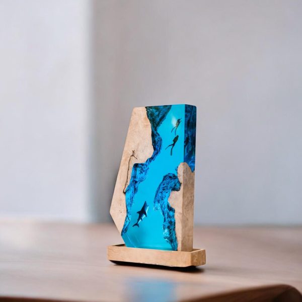 Custom Handmade Ocean Wave Resin Lamp | Diver & Shark Epoxy Art with Wood Base Night Lamp | Gift for Mom | Room decor