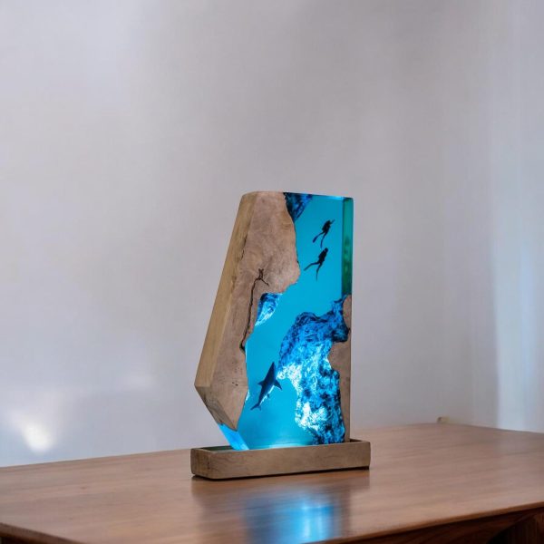 Custom Handmade Ocean Wave Resin Lamp | Diver & Shark Epoxy Art with Wood Base Night Lamp | Gift for Mom | Room decor