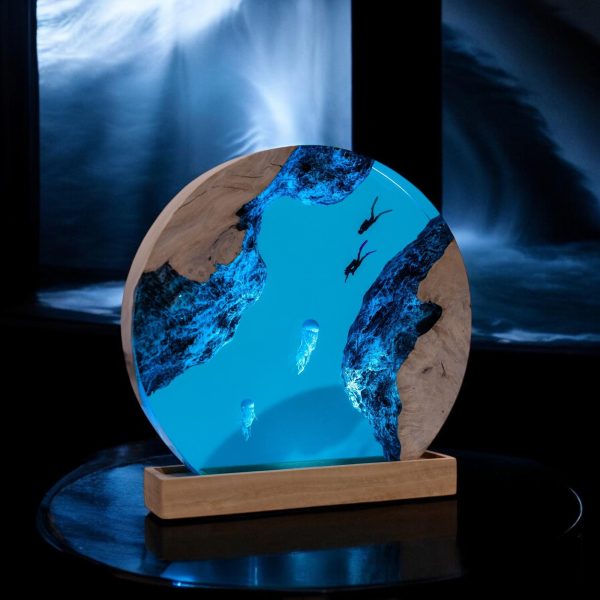 Custom Handmade Ocean Wave Resin Lamp | Round Diver & Jellyfish Epoxy Art with Wood Base Night Lamp | Gift for Mom | Room decor