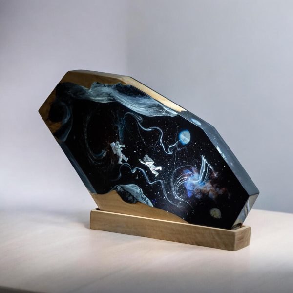 Custom Handmade Galaxy Resin Lamp – Astronaut & Space Epoxy Art with Wood Base | Gift for Mom | Room decor