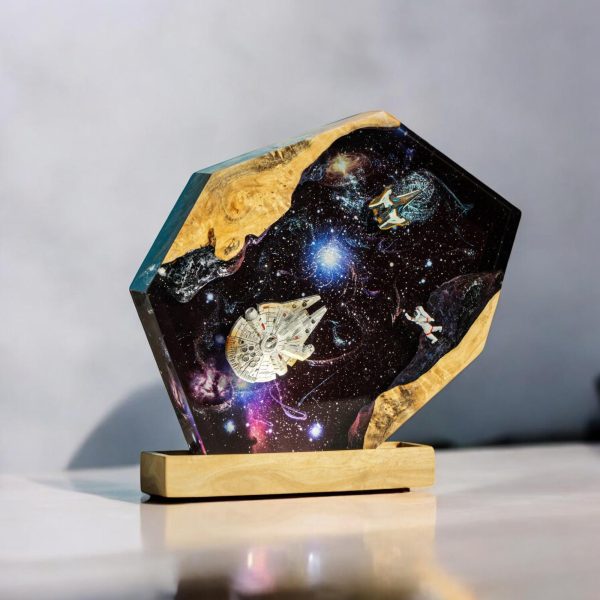 Custom Handmade Galaxy Resin Lamp – Space Travel Dream Epoxy Art with Wood Base | Gift for Dad | Room decor