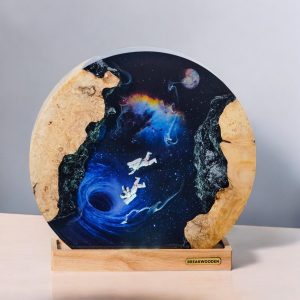 Custom Handmade Round Galaxy Resin Lamp | Astronaut & Space Epoxy Art with Wood Base | Gift for Mom | Room decor | Gift for Dad