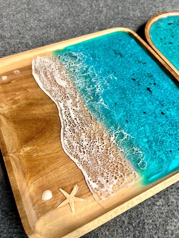 Serving Tray Bathroom Tray Handmade Epoxy Beach Wave Wooden Ocean Home Decor with Starfish & Shells (Gift Box Included)