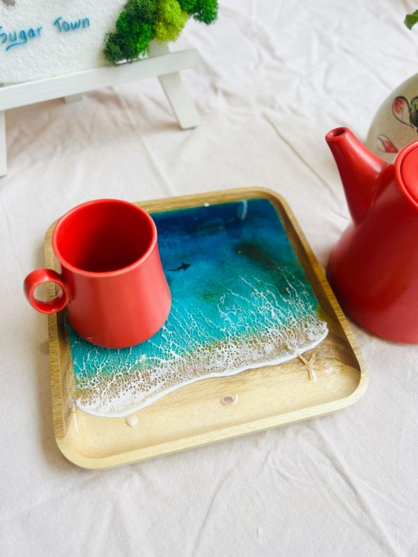 Ocean Resin Square Serving Tray | Handmade Beach Wave Wooden Décor with Starfish & Shells | Gift for Mom | Gift for Ocean Lovers