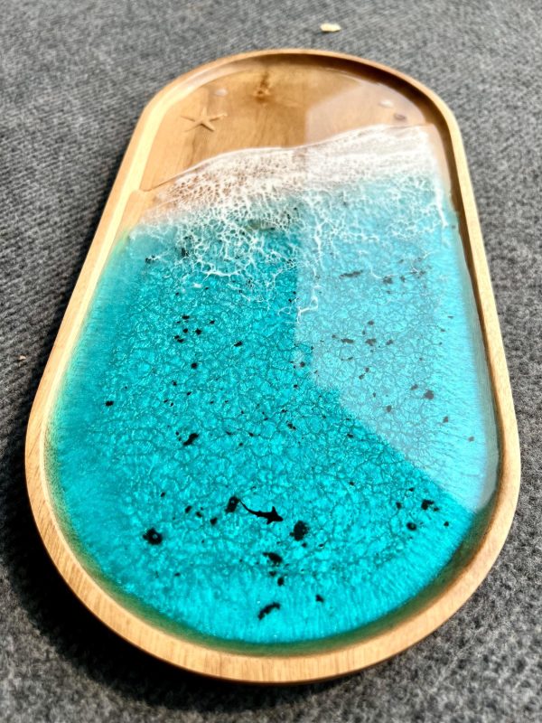 Ocean Waves Resin Tray - Coastal Home Decor | Wooden Ocean Decor | Coffee Table Decor, Sea Inspired Gifts, Acacia Wood Nautical trinket tray