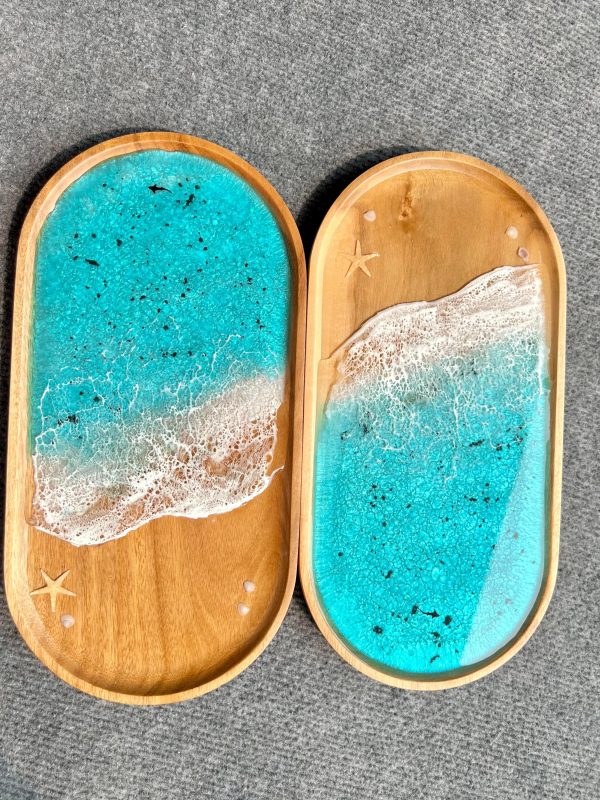 Ocean Waves Resin Tray - Coastal Home Decor | Wooden Ocean Decor | Coffee Table Decor, Sea Inspired Gifts, Acacia Wood Nautical trinket tray