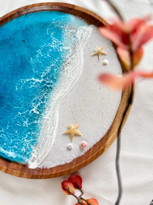 Serving Tray Bathroom Tray Round Beach Resin Art Decorative Tray for Coffee Table Coastal Home Decor Resort Style Serving Tray Customizable