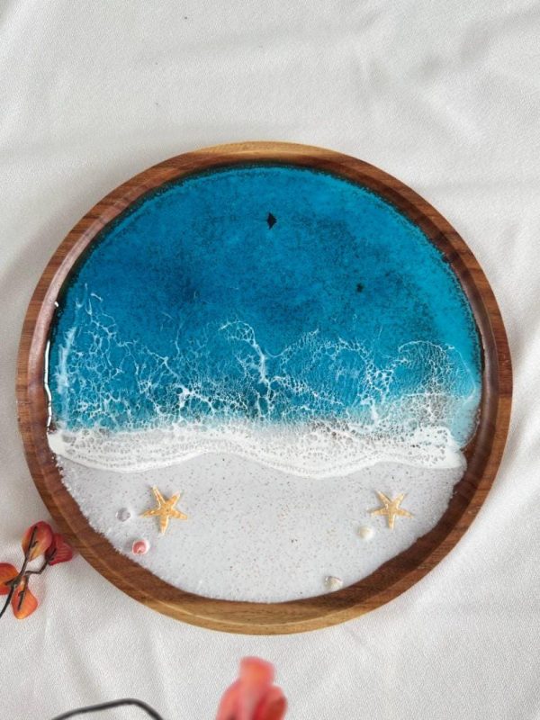 Serving Tray Bathroom Tray Round Beach Resin Art Decorative Tray for Coffee Table Coastal Home Decor Resort Style Serving Tray Customizable
