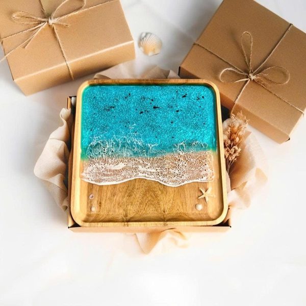 Serving Tray Bathroom Tray Handmade Epoxy Beach Wave Wooden Ocean Home Decor with Starfish & Shells (Gift Box Included)